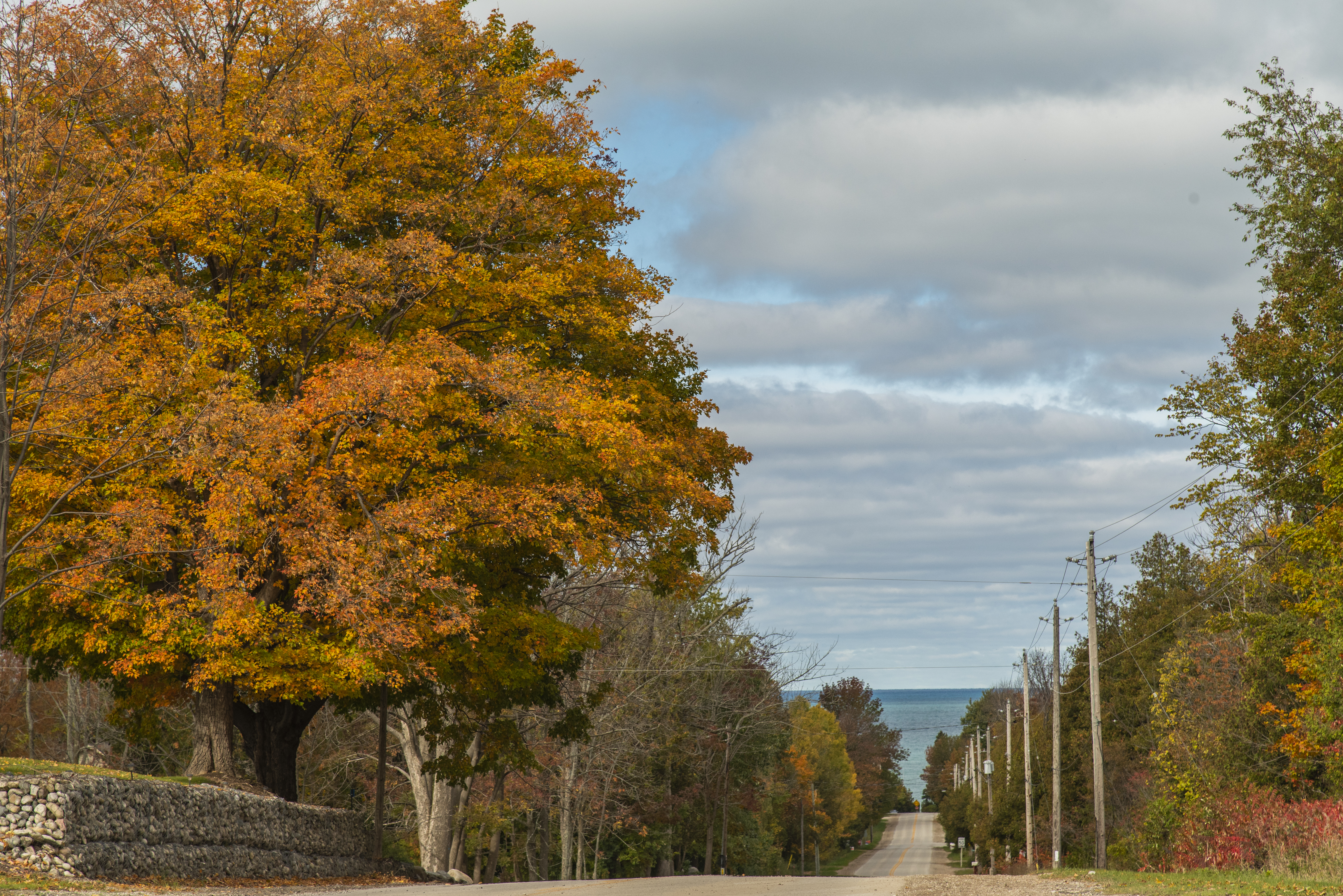 A road winds downhill towards Lake Huron.
