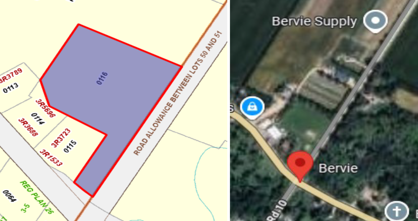 Aerial maps illustrating property considered for disposal at 543 Bervie Sideroad.