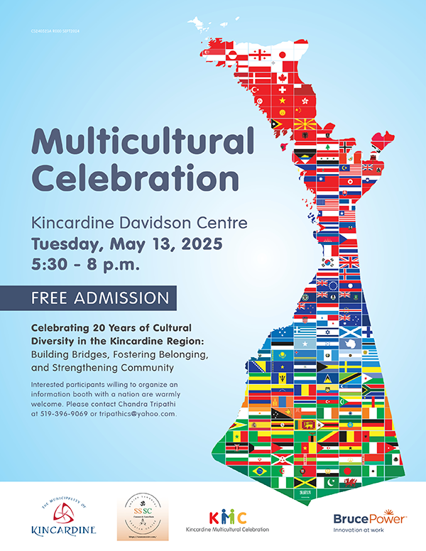 Kincardine Multicultural Celebration 2025 event poster. Details at www.kincardine.ca/MR-MR-April-11-2025-KMC