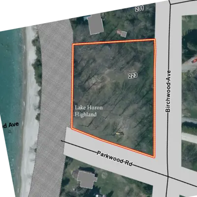 Aerial map showing the Lake Huron Highlands Park location.