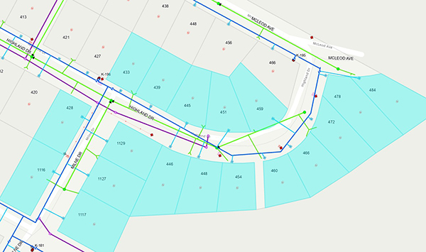 Aerial map with properties affected by water interruption indicated in blue.