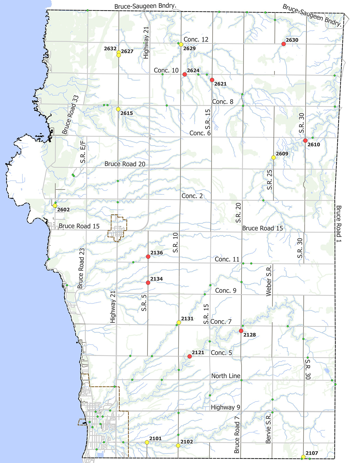 A map of the Municipality of Kincardine identifying bridge locations.