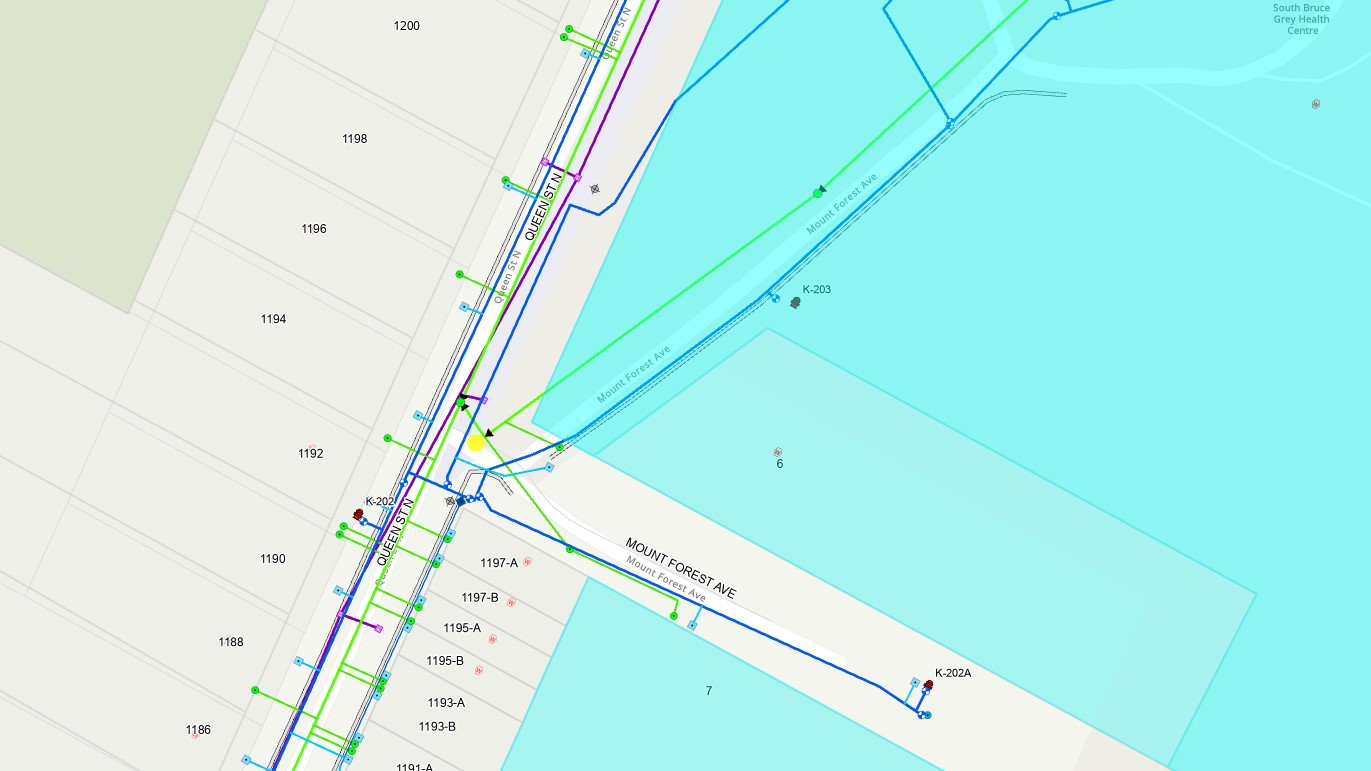 Aerial map for Mount Forest Avenue construction with affected properties in blue.