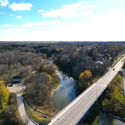 An aerial view of the Penetangore River in Kincardine heading inland.