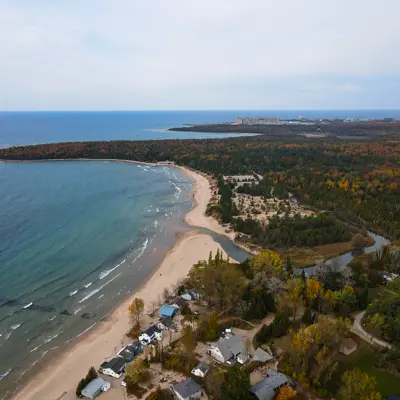 An aerial view of the Lake Huron shoreline looking north towards Bruce Power.