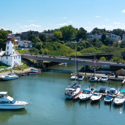 The Kincardine Lighthouse, harbour, and Harbour Street Bridge.