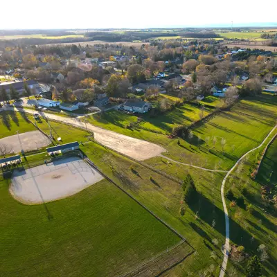 An aerial view of Tiverton with Lake Huron in the distance.