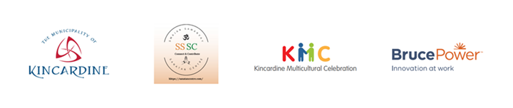 Logos for the Municipality of Kincardine, the Swajan Samanvay Santan Centre, the Kincardine Multicultural Celebration, and Bruce Power.