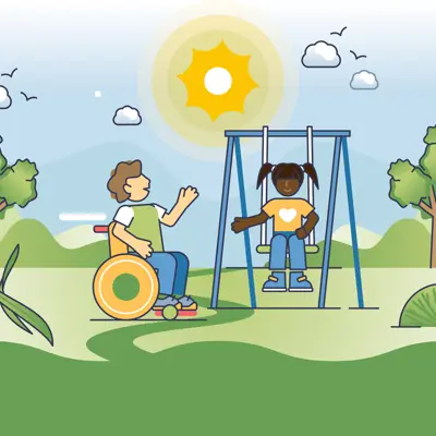 An illustration of two children playing in a park; one uses a wheelchair, while the other sits on a swing.