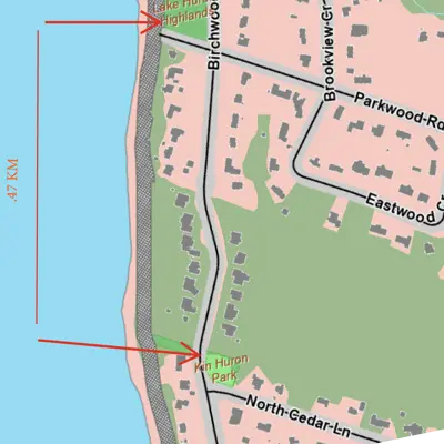 Aerial map of Birchwood Avenue showing both Kinhuron and Lake Huron Highlands Parks.