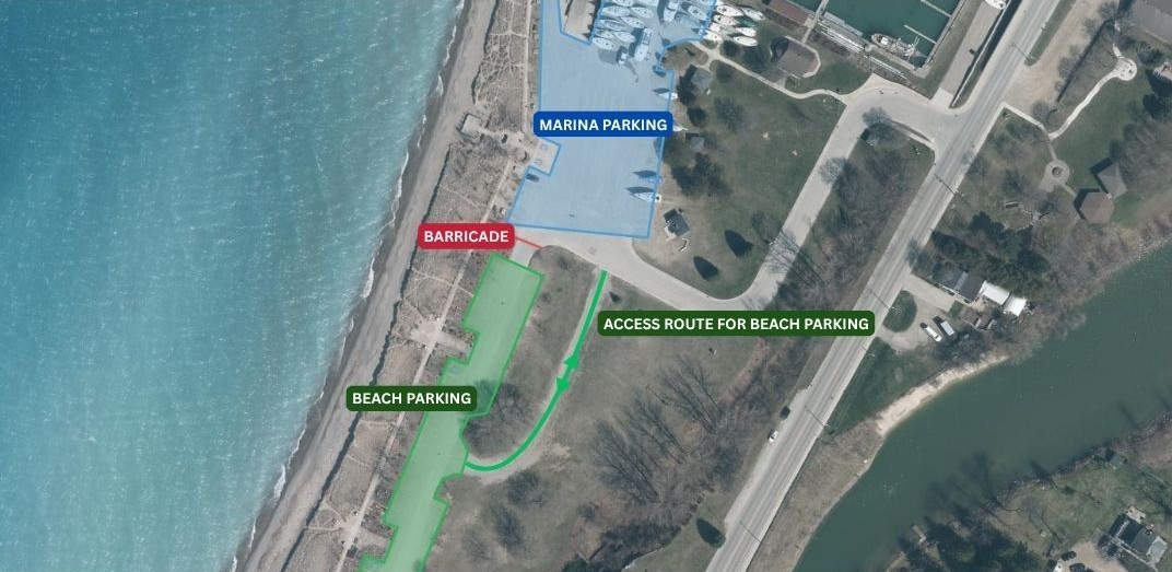 A map of Kincardine's Station Beach indicating marina Parking, a barricade, beach parking, and the access route to reach beach parking.